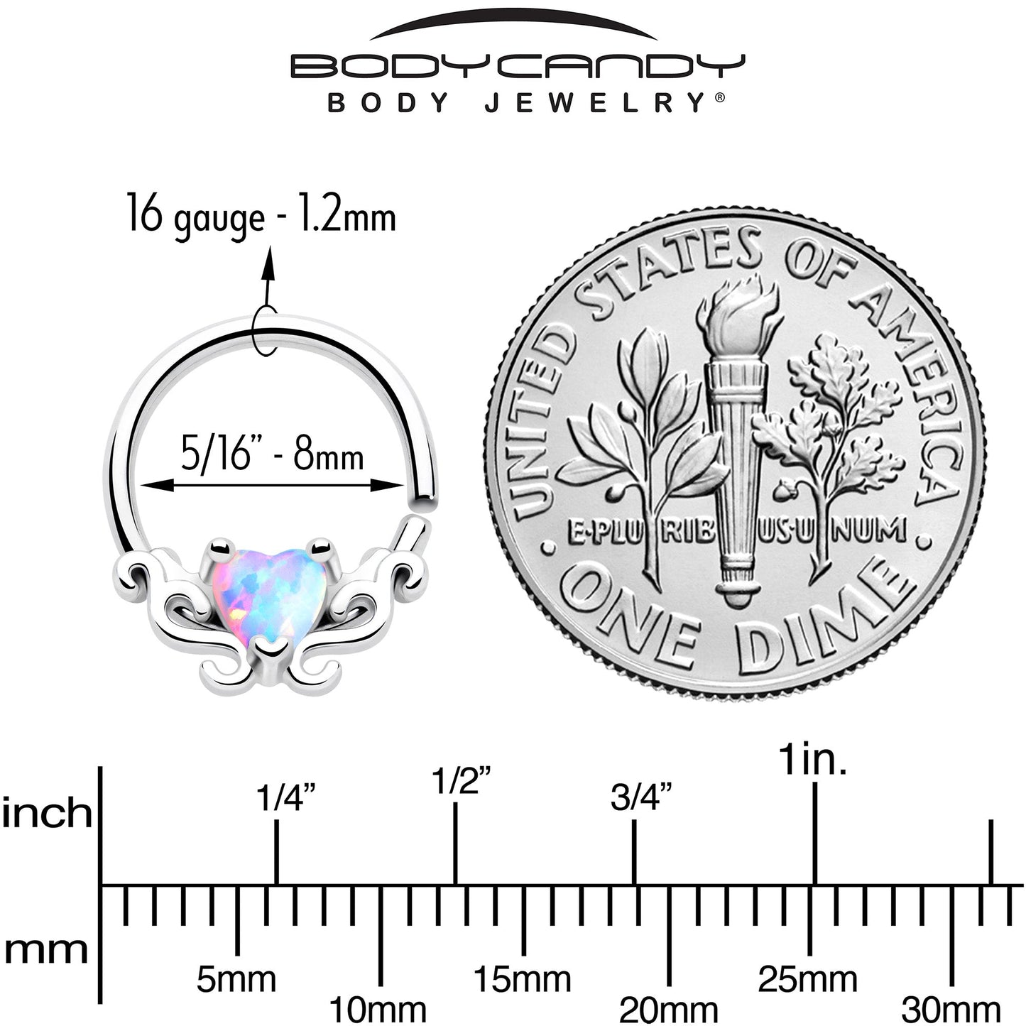 16G 5/16 White Synthetic Opal Bold Heart Seamless Circular Ring - BodyCandy - Flyclothing LLC