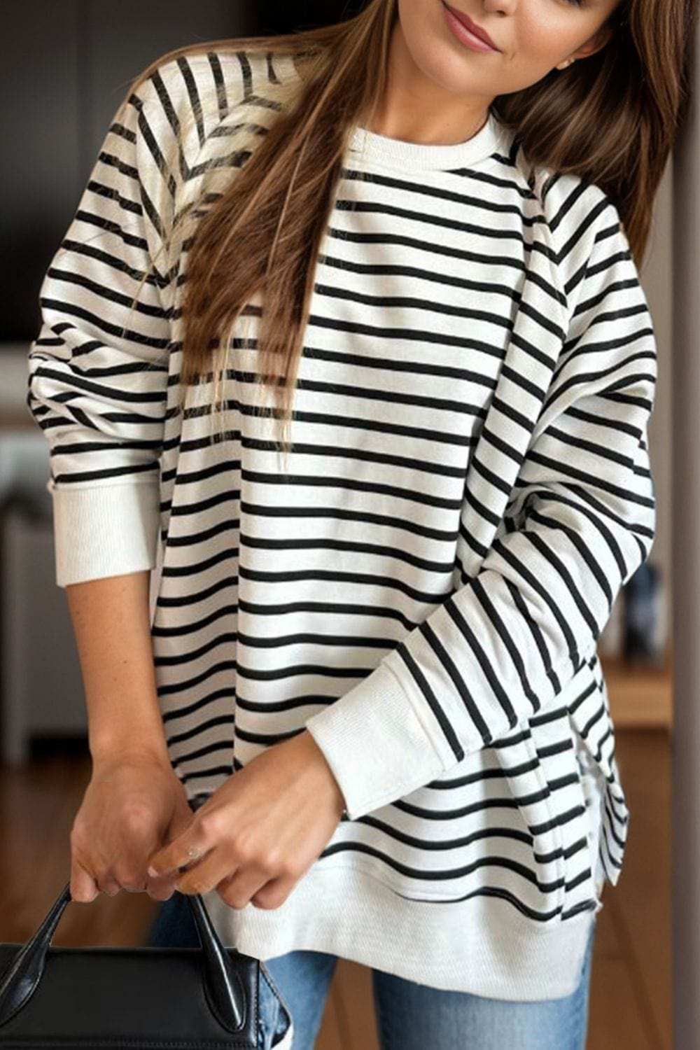 Slit Striped Round Neck Long Sleeve Sweatshirt - Trendsi - Flyclothing LLC