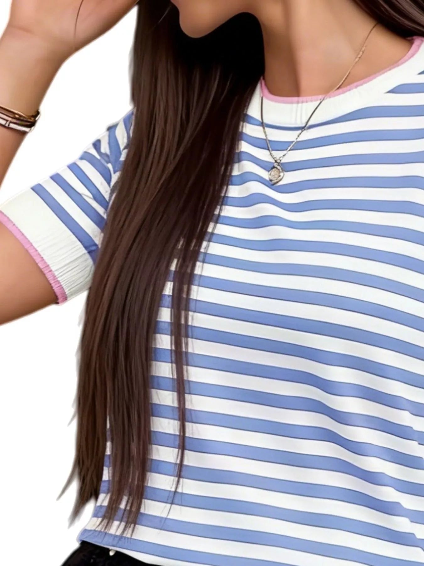 Contrast Trim Striped Short Sleeve Knit Top - Trendsi - Flyclothing LLC