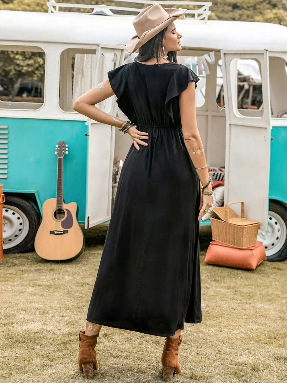 Lace Detail Plunge Cap Sleeve Midi Dress - Trendsi - Flyclothing LLC