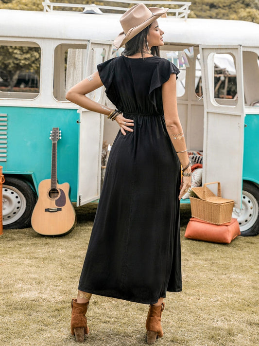 Lace Detail Plunge Cap Sleeve Midi Dress - Trendsi