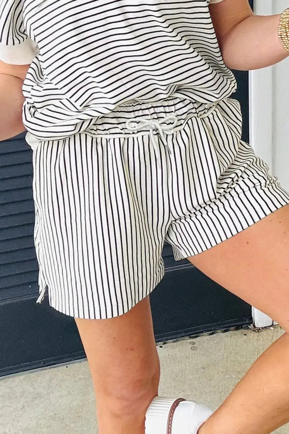 Stripe V Neck Tee and Casual Shorts Set - Trendsi - Flyclothing LLC
