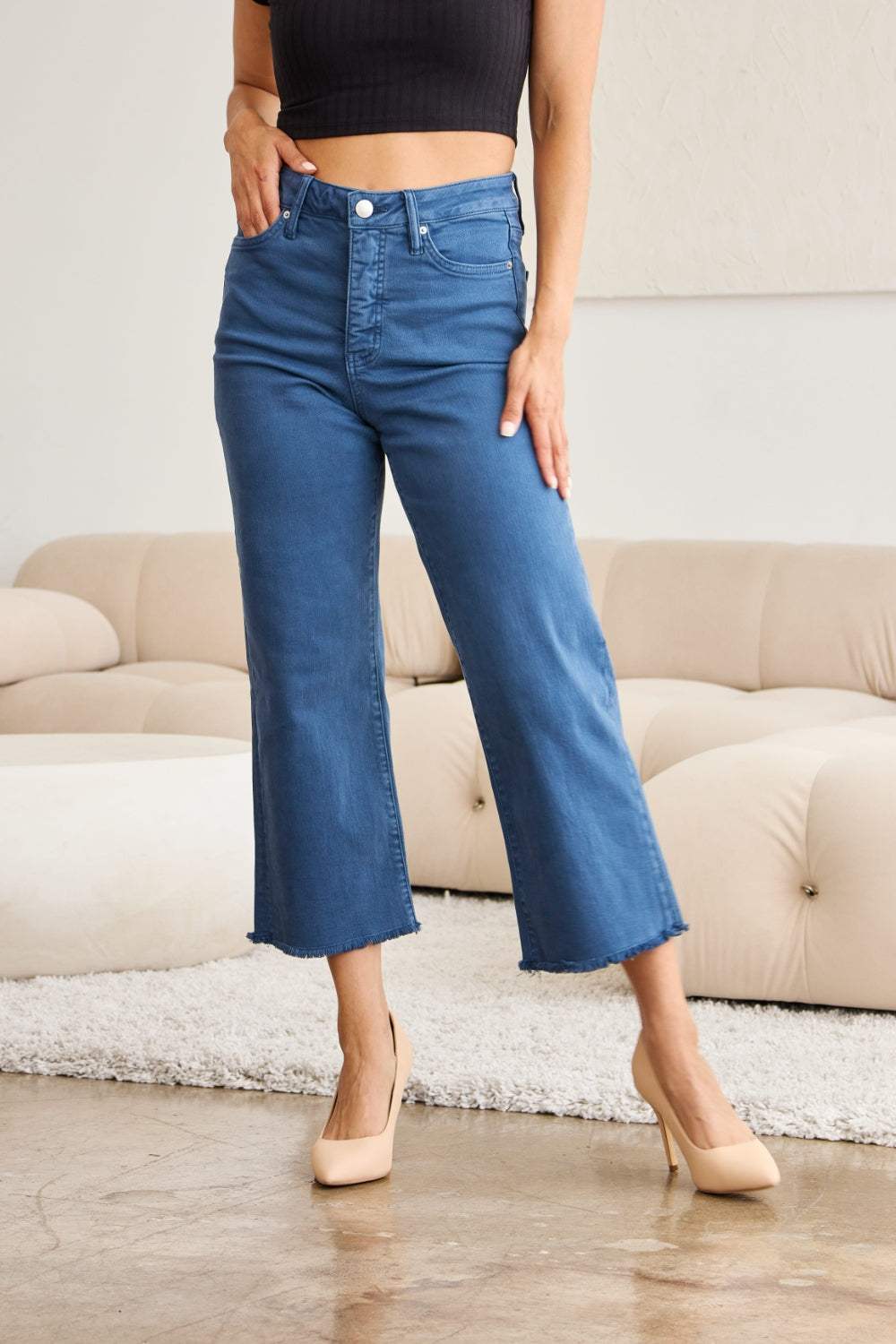 RFM Crop Chloe Full Size Tummy Control High Waist Raw Hem Jeans - Trendsi - Flyclothing LLC