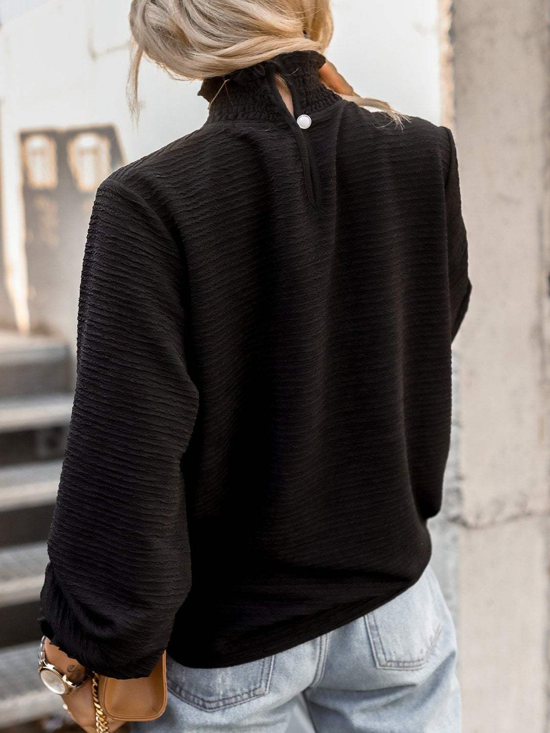 Smocked Frill Mock Neck Long Sleeve Blouse - Trendsi - Flyclothing LLC