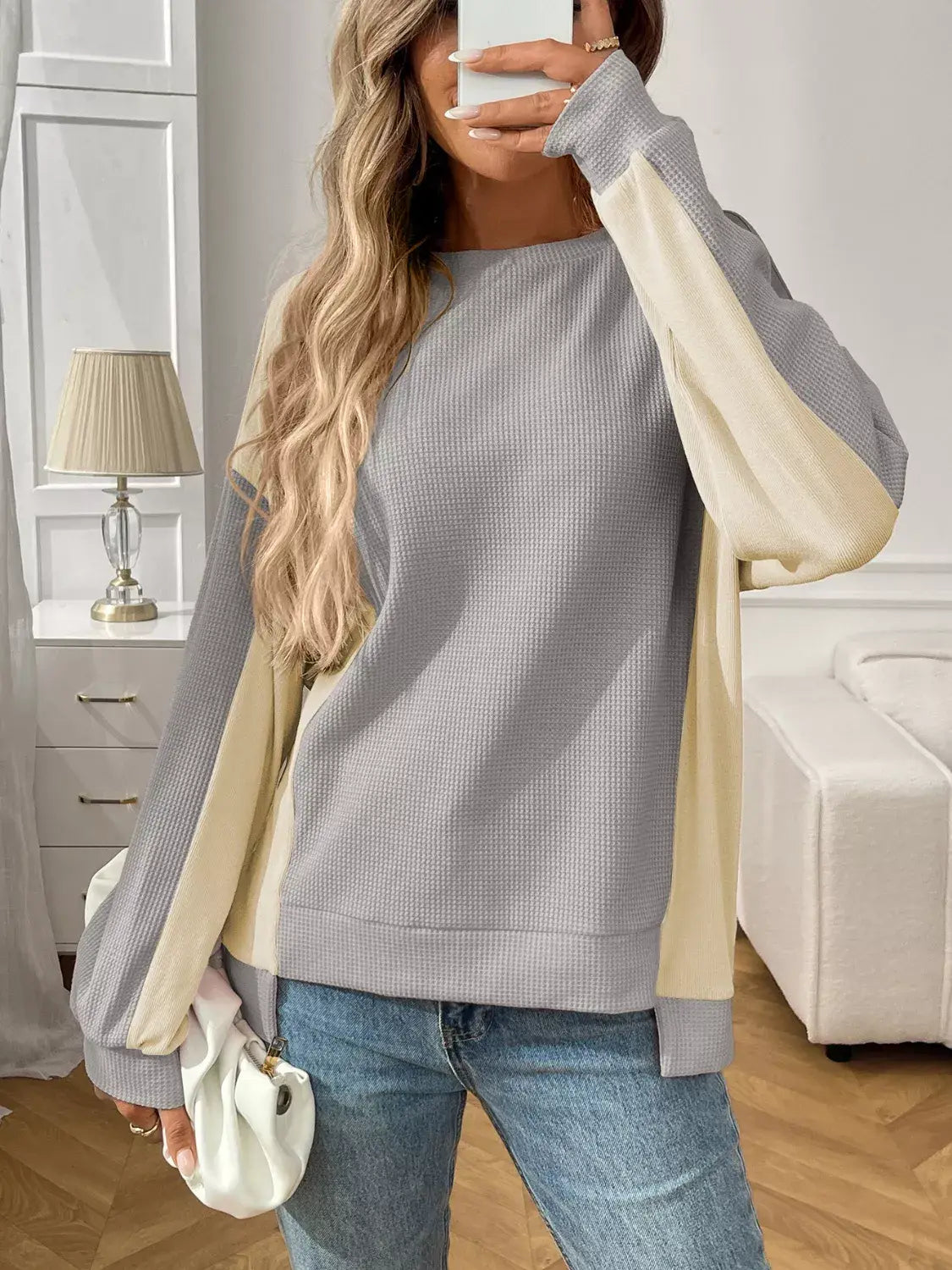 Color Block Waffle Knit Long Sleeve T-Shirt - Trendsi - Flyclothing LLC