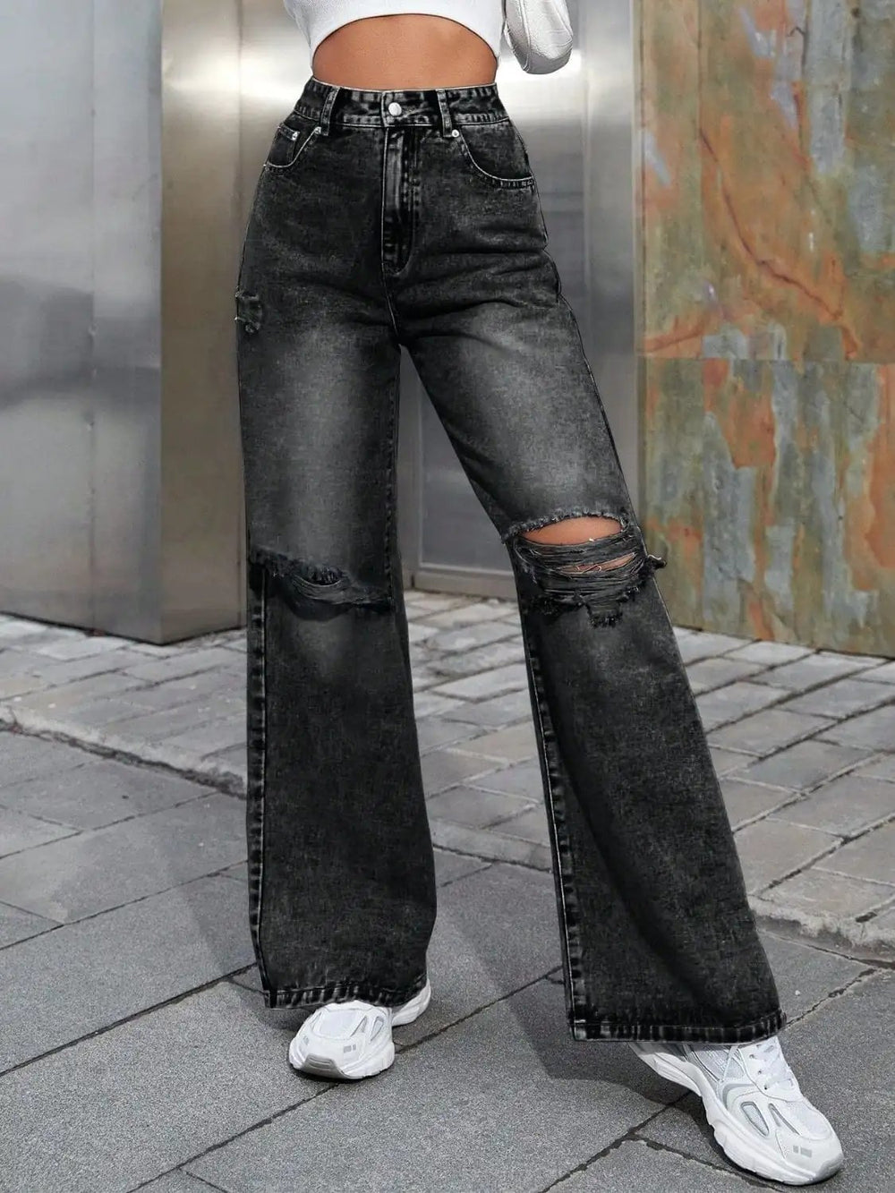 Distressed Wide Leg Jeans with Pockets - Trendsi