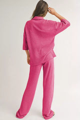 Solid Color Textured Buttoned Shirt and Casual Pants Set - Trendsi - Flyclothing LLC