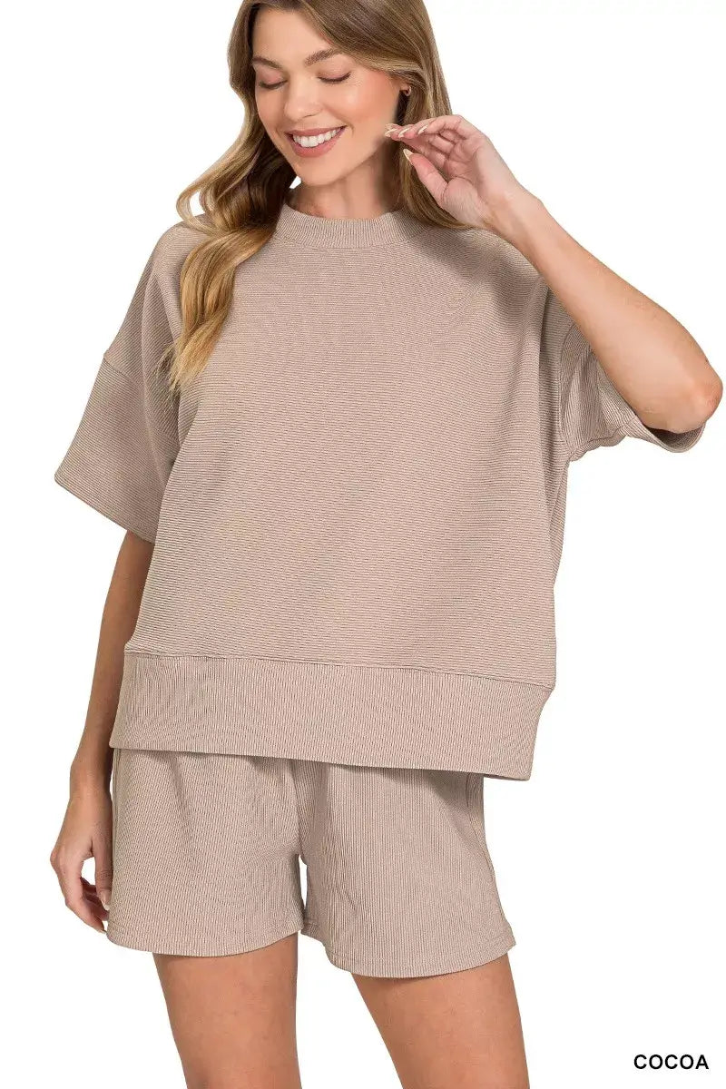 Zenana Ribbed Round Neck Waist Banded Tee & Shorts Set - Trendsi - Flyclothing LLC