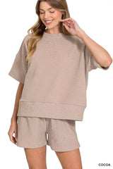 Zenana Ribbed Round Neck Waist Banded Tee & Shorts Set - Trendsi - Flyclothing LLC