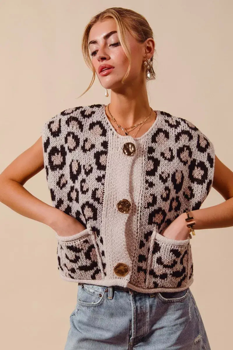 SO ME Big Metal Button Front Leopard Sweater Vest Top - Trendsi - Flyclothing LLC