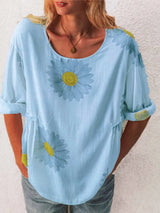 Full Size Flower Round Neck Half Sleeve T-Shirt Plus Size - Trendsi - Flyclothing LLC