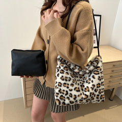 Leopard Furry Shoulder Bag - Trendsi