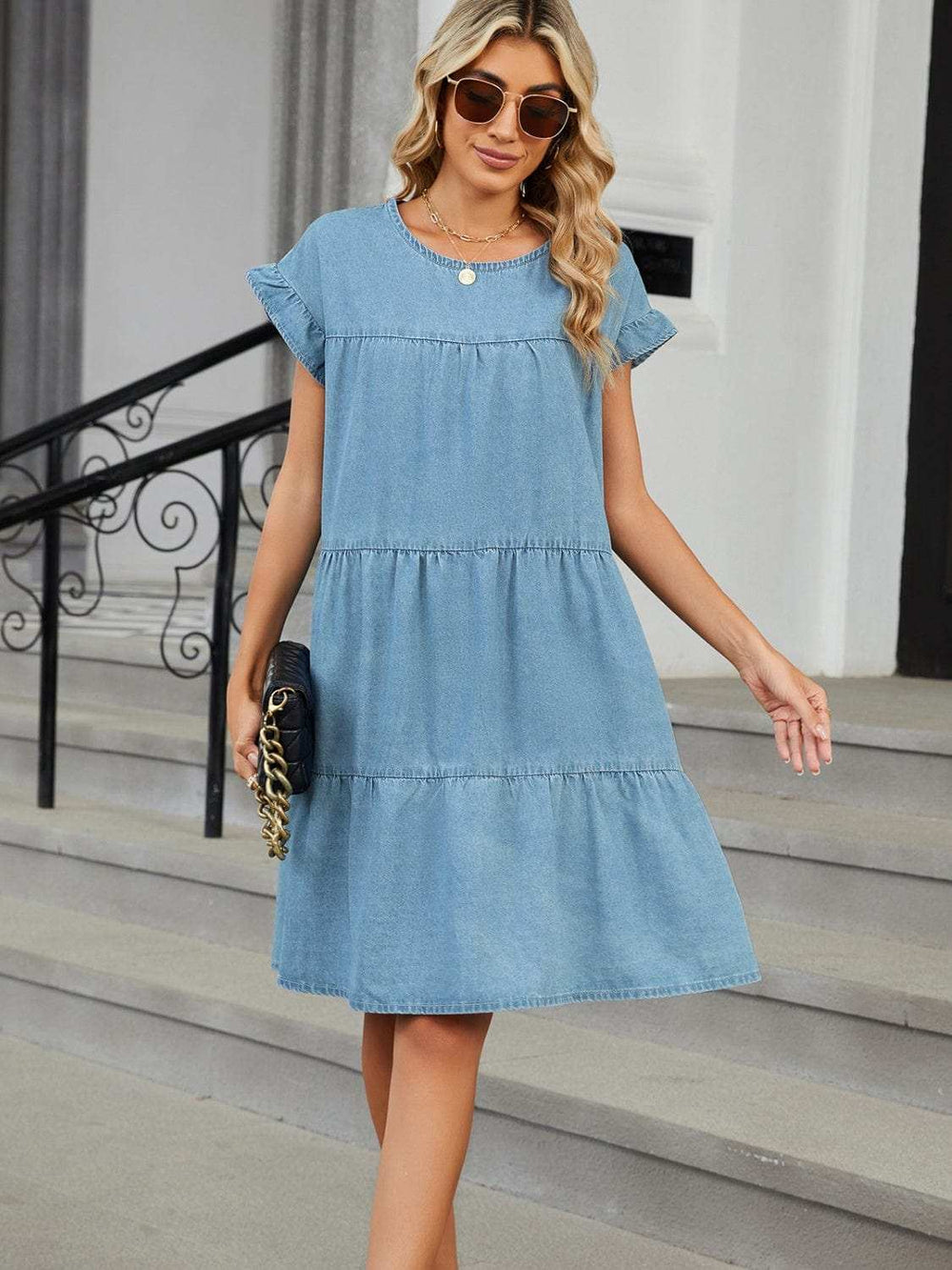 Tiered Round Neck Short Sleeve Denim Dress - Trendsi - Flyclothing LLC