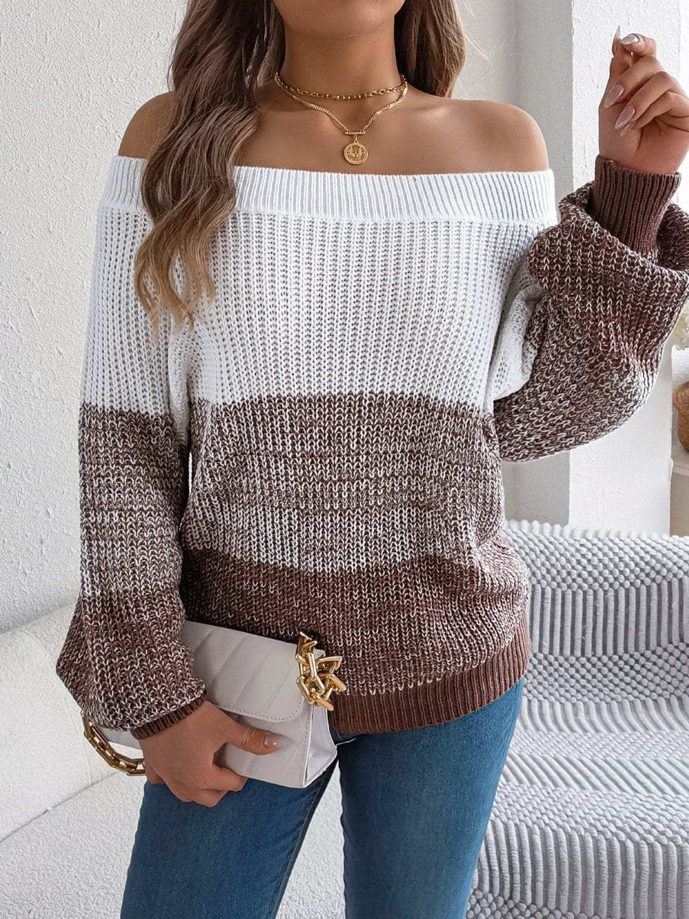 Color Block Off-Shoulder Long Sleeve Sweater - Trendsi - Flyclothing LLC