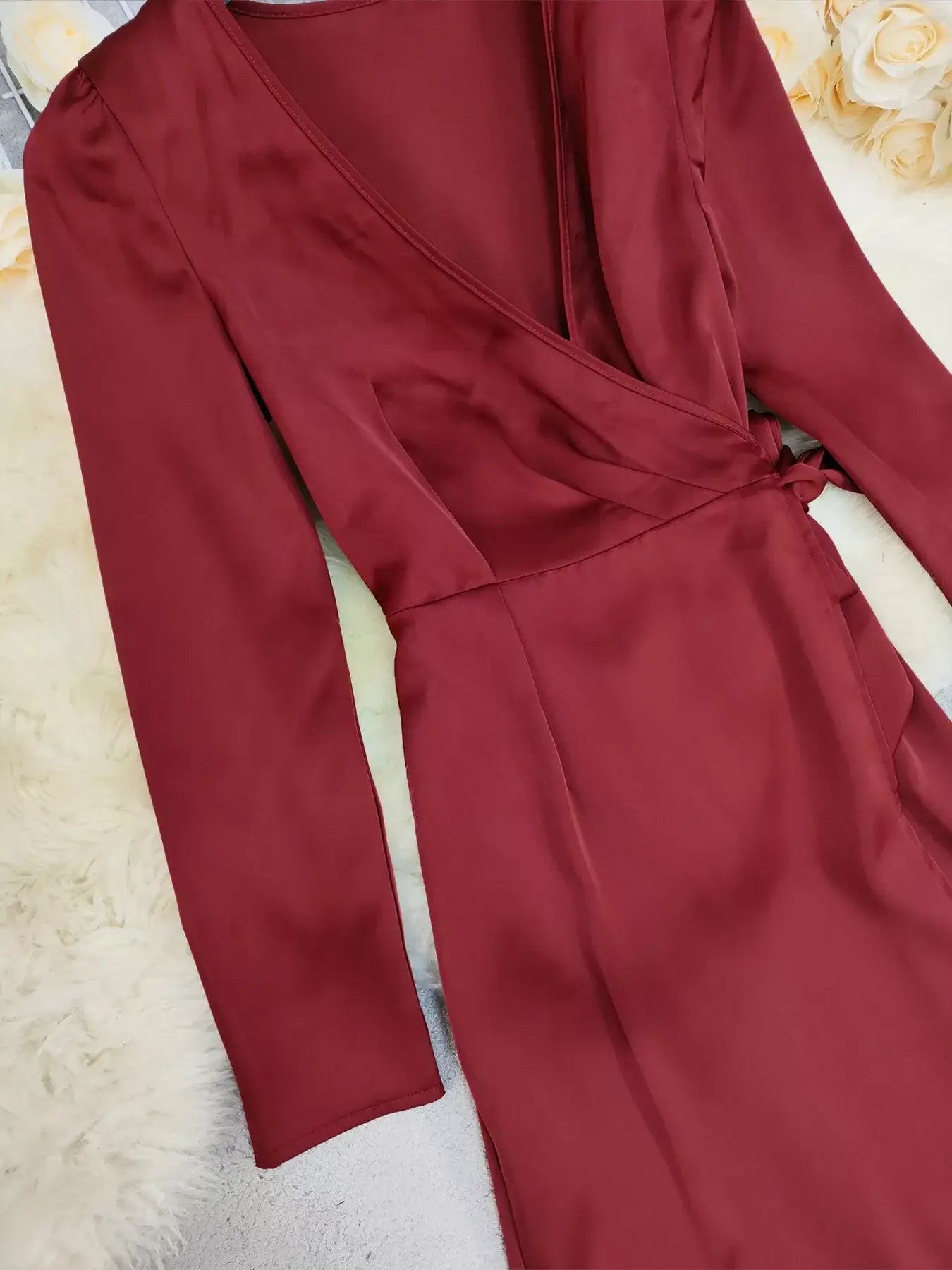 Surplice Satin Long Sleeve Dress - Trendsi - Flyclothing LLC