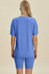 Basic Bae Full Size Ribbed V-Neck Short Sleeve Top and Shorts Set - Trendsi - Flyclothing LLC