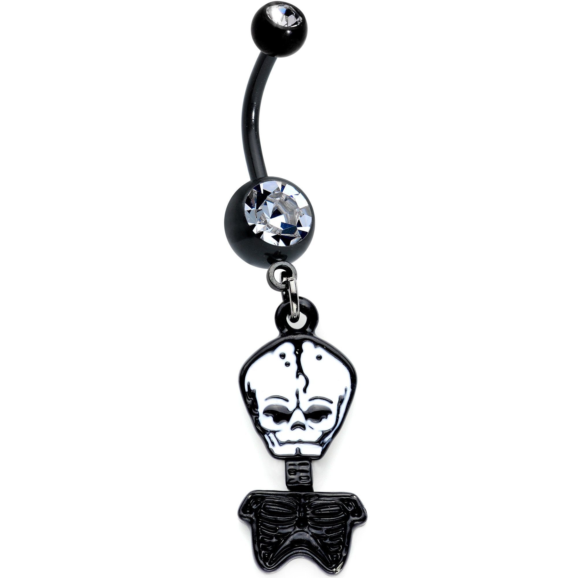Clear Gem Black Anodized Mister Skull and Bones Dangle Belly Ring - BodyCandy - Flyclothing LLC
