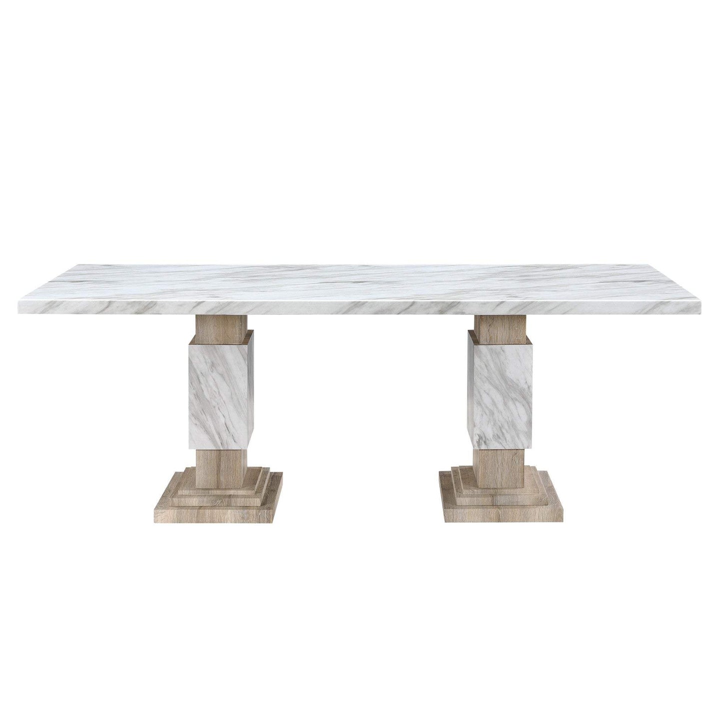 82" White and Natural Faux Marble and Wood Double Pedestal Base Dining Table - HomeRoots - Flyclothing LLC