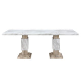 82" White and Natural Faux Marble and Wood Double Pedestal Base Dining Table - HomeRoots - Flyclothing LLC