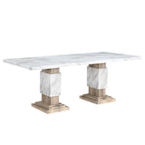 82" White and Natural Faux Marble and Wood Double Pedestal Base Dining Table - HomeRoots - Flyclothing LLC