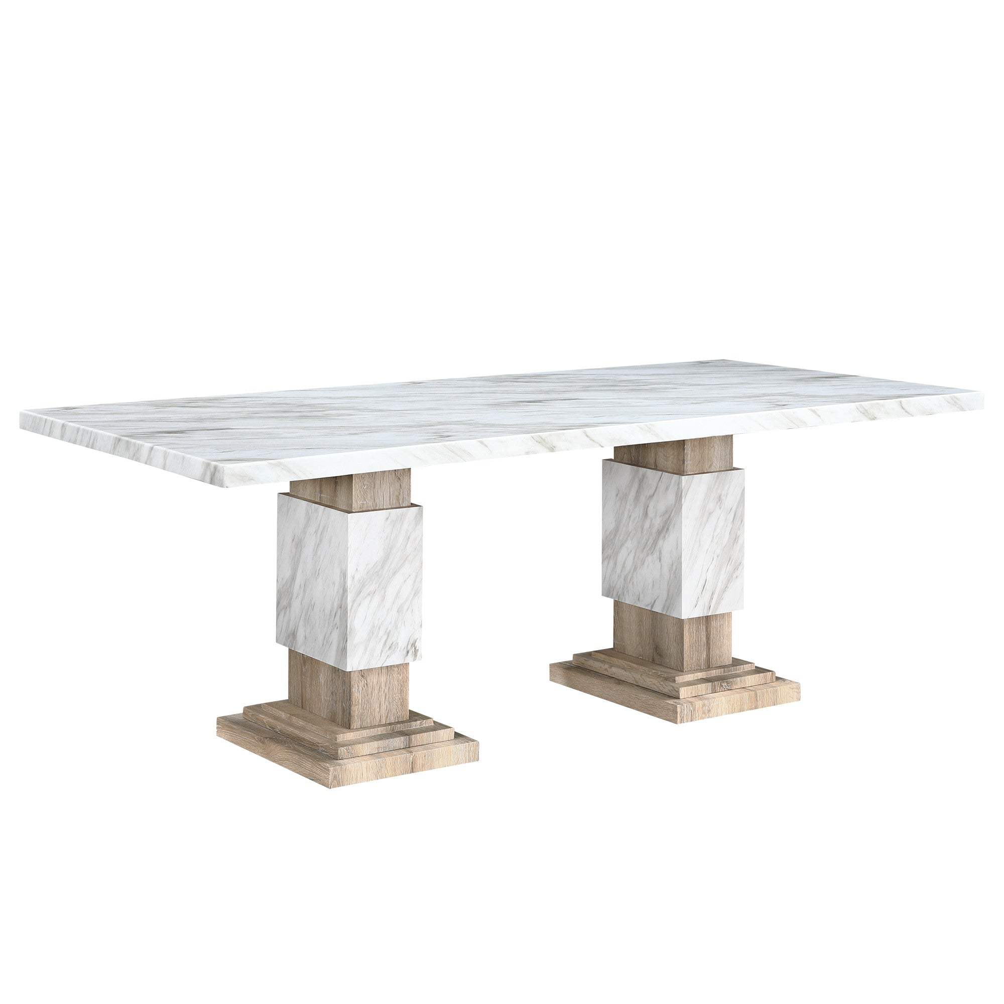82" White and Natural Faux Marble and Wood Double Pedestal Base Dining Table - HomeRoots - Flyclothing LLC