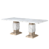 82" White and Natural Faux Marble and Wood Double Pedestal Base Dining Table - HomeRoots - Flyclothing LLC