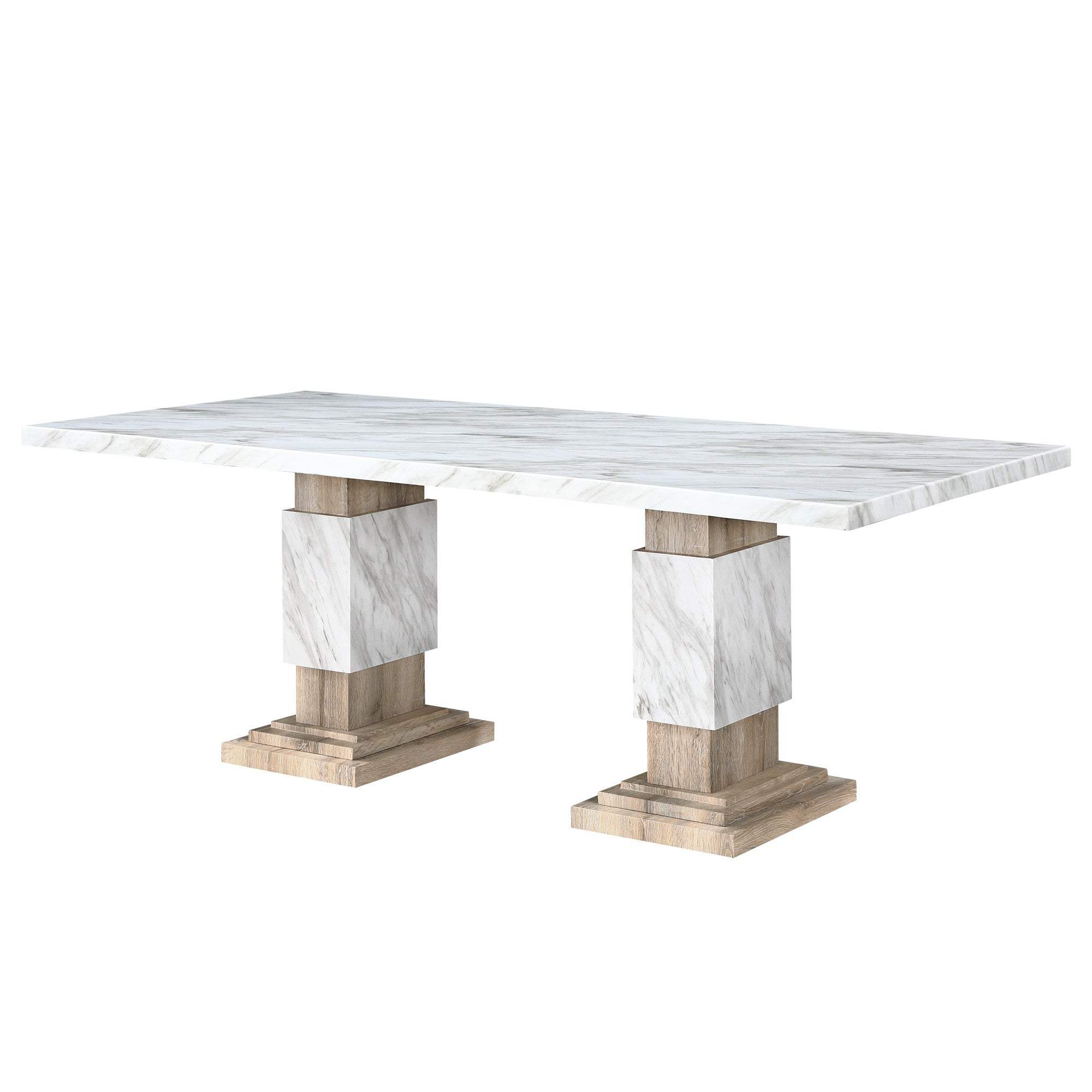 82" White and Natural Faux Marble and Wood Double Pedestal Base Dining Table - HomeRoots - Flyclothing LLC