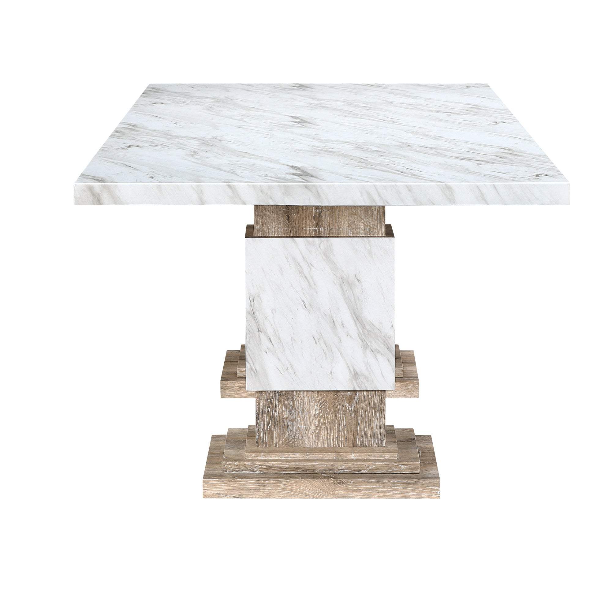 82" White and Natural Faux Marble and Wood Double Pedestal Base Dining Table - HomeRoots - Flyclothing LLC