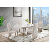 82" White and Natural Faux Marble and Wood Double Pedestal Base Dining Table - HomeRoots - Flyclothing LLC