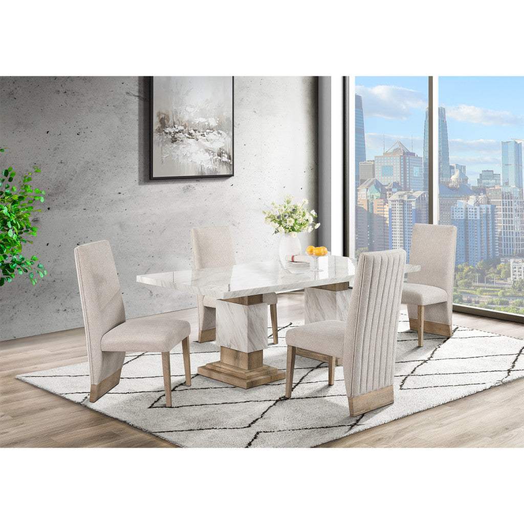 82" White and Natural Faux Marble and Wood Double Pedestal Base Dining Table - HomeRoots - Flyclothing LLC