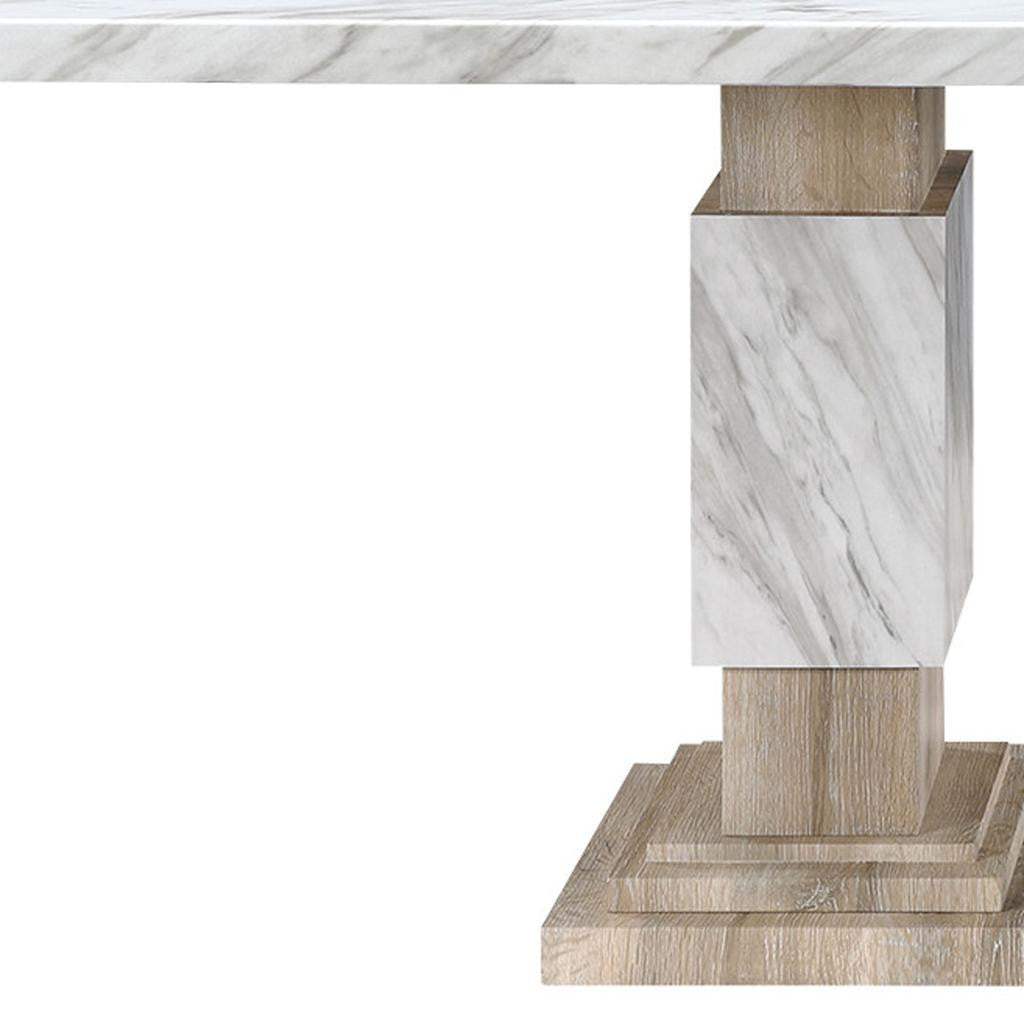 82" White and Natural Faux Marble and Wood Double Pedestal Base Dining Table - HomeRoots - Flyclothing LLC