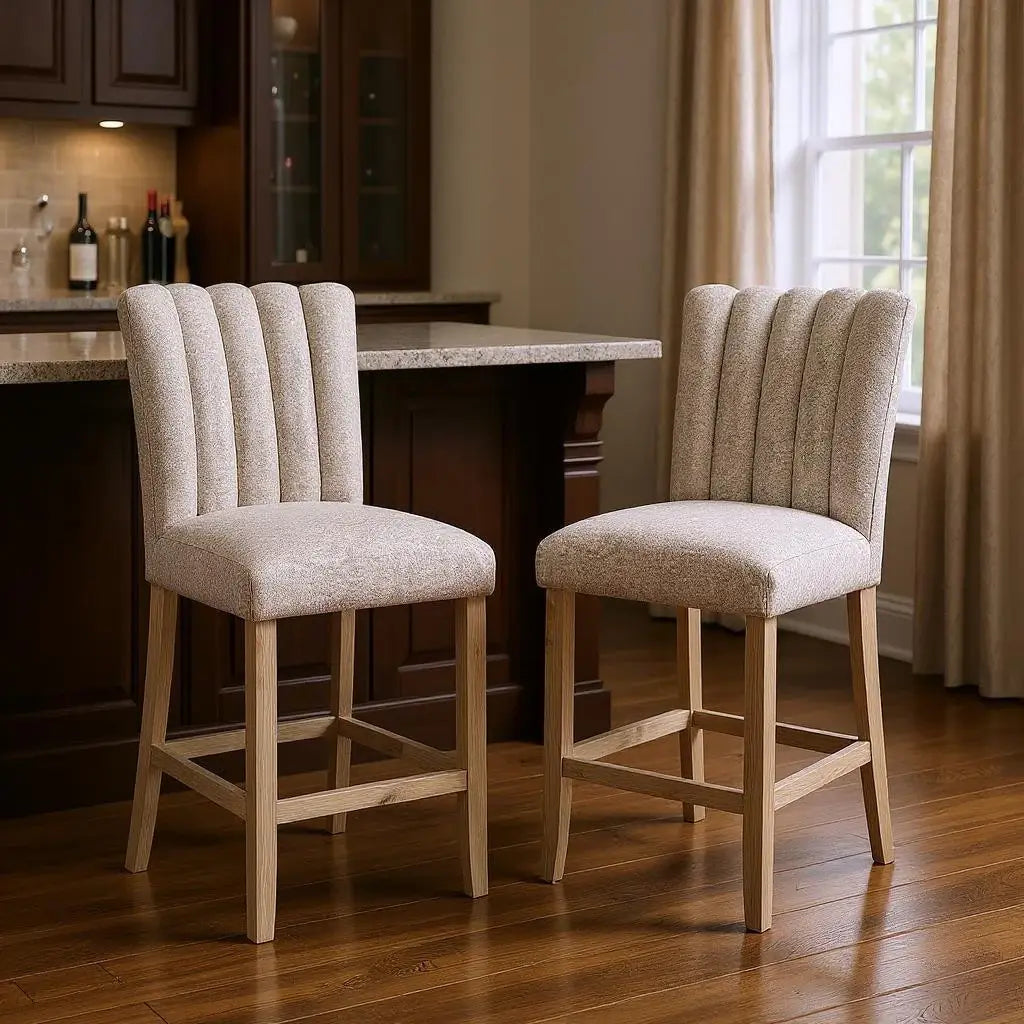 Set of Two 26" Beige and Natural Fabric and Wood Bar Height Bar Chairs - Homeroots - Flyclothing LLC