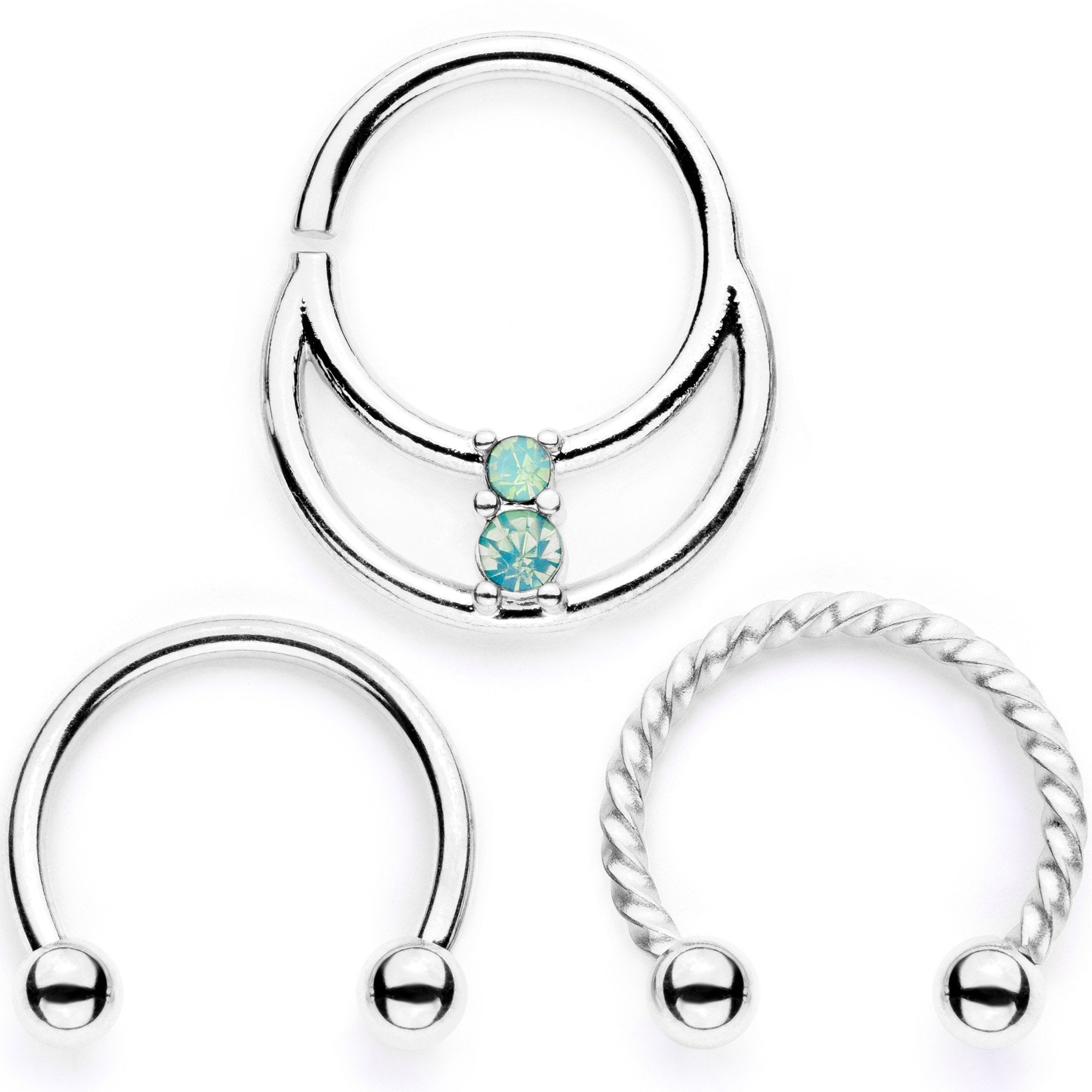 16G 3/8 Teal Faux Opal Twisted Horseshoe Closure Ring Set - BodyCandy - Flyclothing LLC