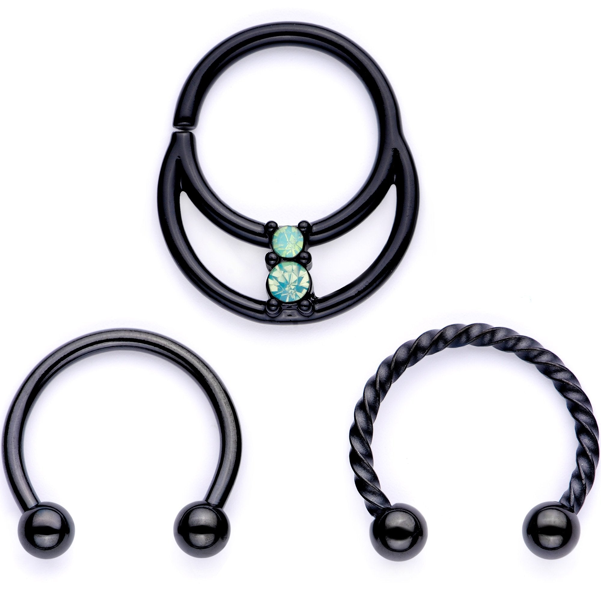 16G 3/8 Teal Faux Opal Black Anodized Horseshoe Closure Ring Set - BodyCandy - Flyclothing LLC