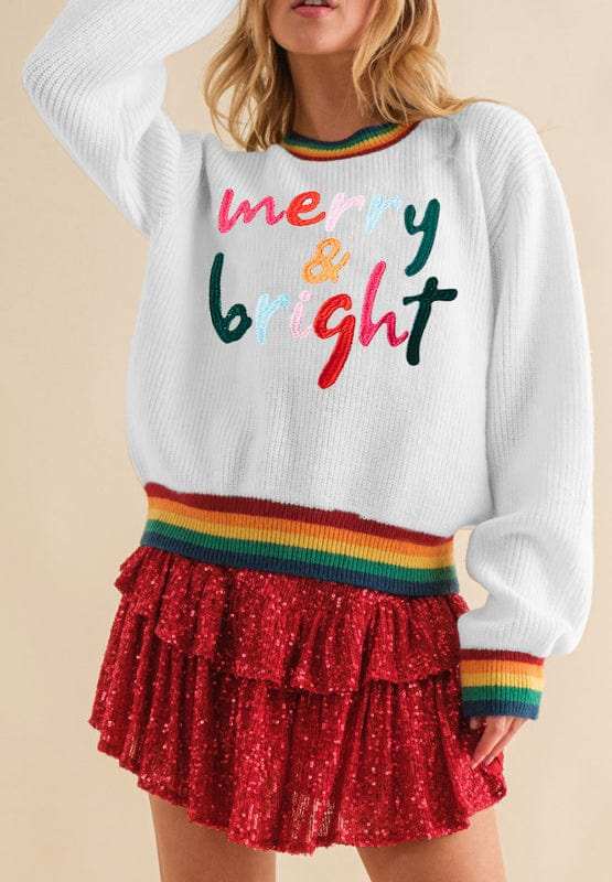 MERRY & BRIGHT Ribbed Round Neck Sweater - Trendsi - Flyclothing LLC
