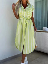 Striped Tie Waist Short Sleeve Dress - Trendsi - Flyclothing LLC