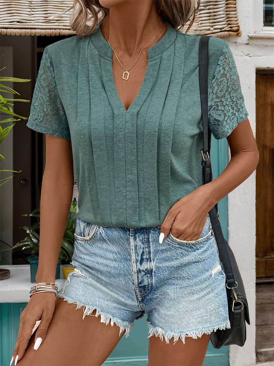 Lace Detail Notched Short Sleeve T-Shirt - Trendsi - Flyclothing LLC