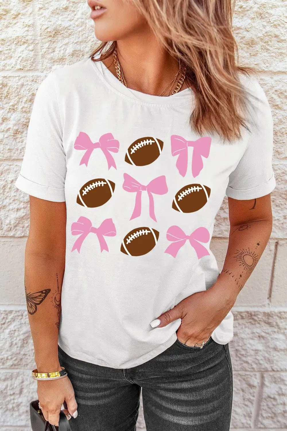 Football & Bow Round Neck Short Sleeve T-Shirt - Trendsi - Flyclothing LLC