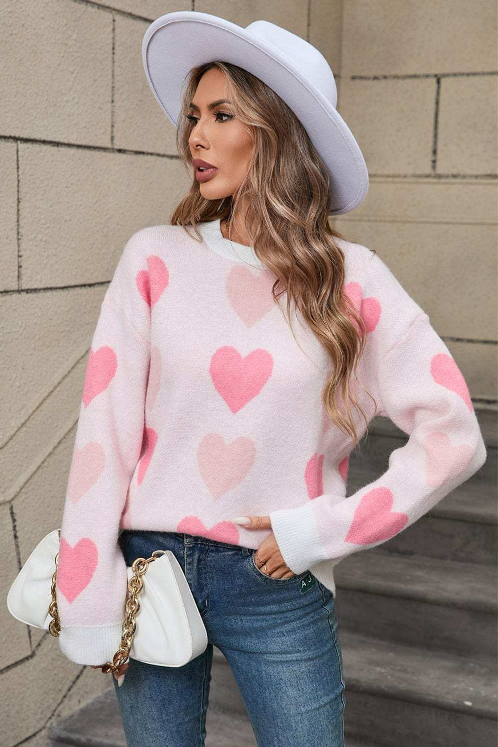 Angel Wings Heart Round Neck Long Sleeve Sweater - Trendsi - Flyclothing LLC