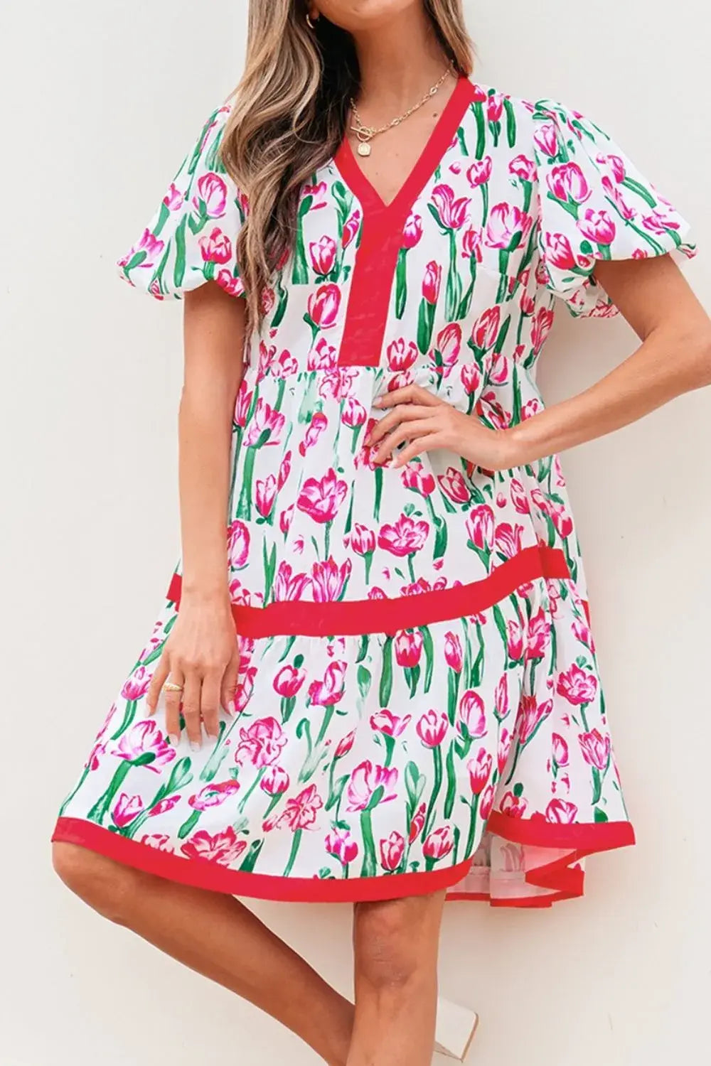 Floral Print Contrast Trim V Neck Bubble Short Sleeve Babydoll Dress - Trendsi - Flyclothing LLC