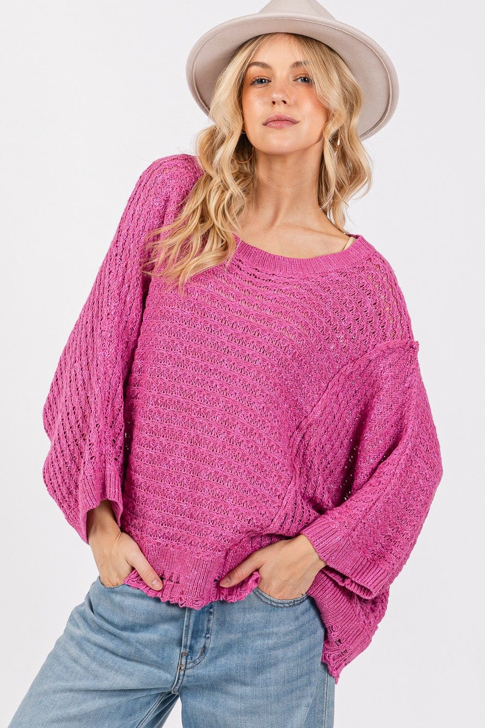 SAGE + FIG Distressed Asymmetrical Open Stitch Sweater - Trendsi