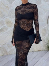 Lace Sheer Mock Neck Long Sleeve Maxi Dress - Trendsi - Flyclothing LLC
