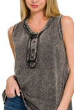 Zenana Washed Half-Button Raw Edge Sleeveless Henley Top - Trendsi