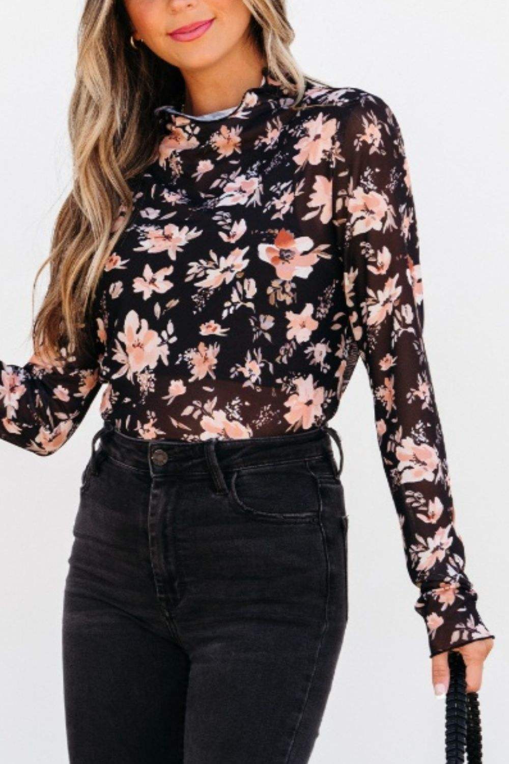 Floral Mock Neck Long Sleeve Blouse - Trendsi - Flyclothing LLC