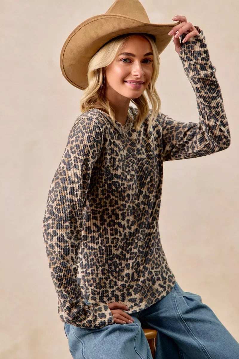 BiBi Leopard Print Washed Waffle Thermal Top with Thumb - Trendsi - Flyclothing LLC