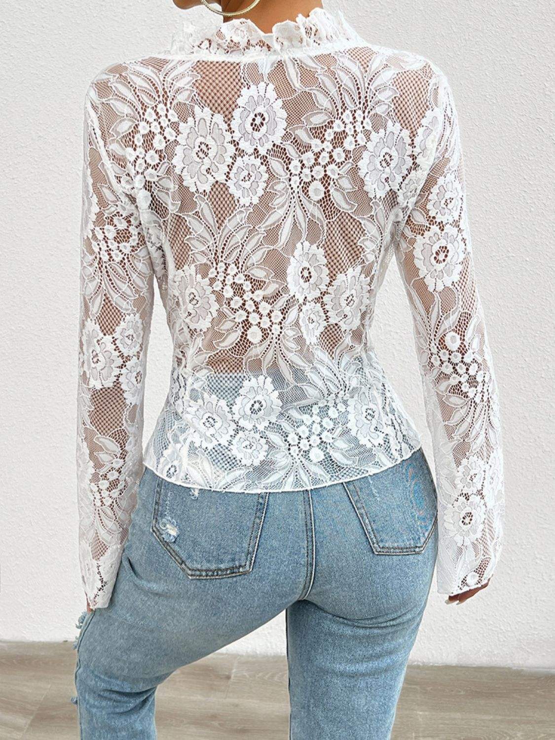 Tied V-Neck Long Sleeve Lace Top - Trendsi - Flyclothing LLC
