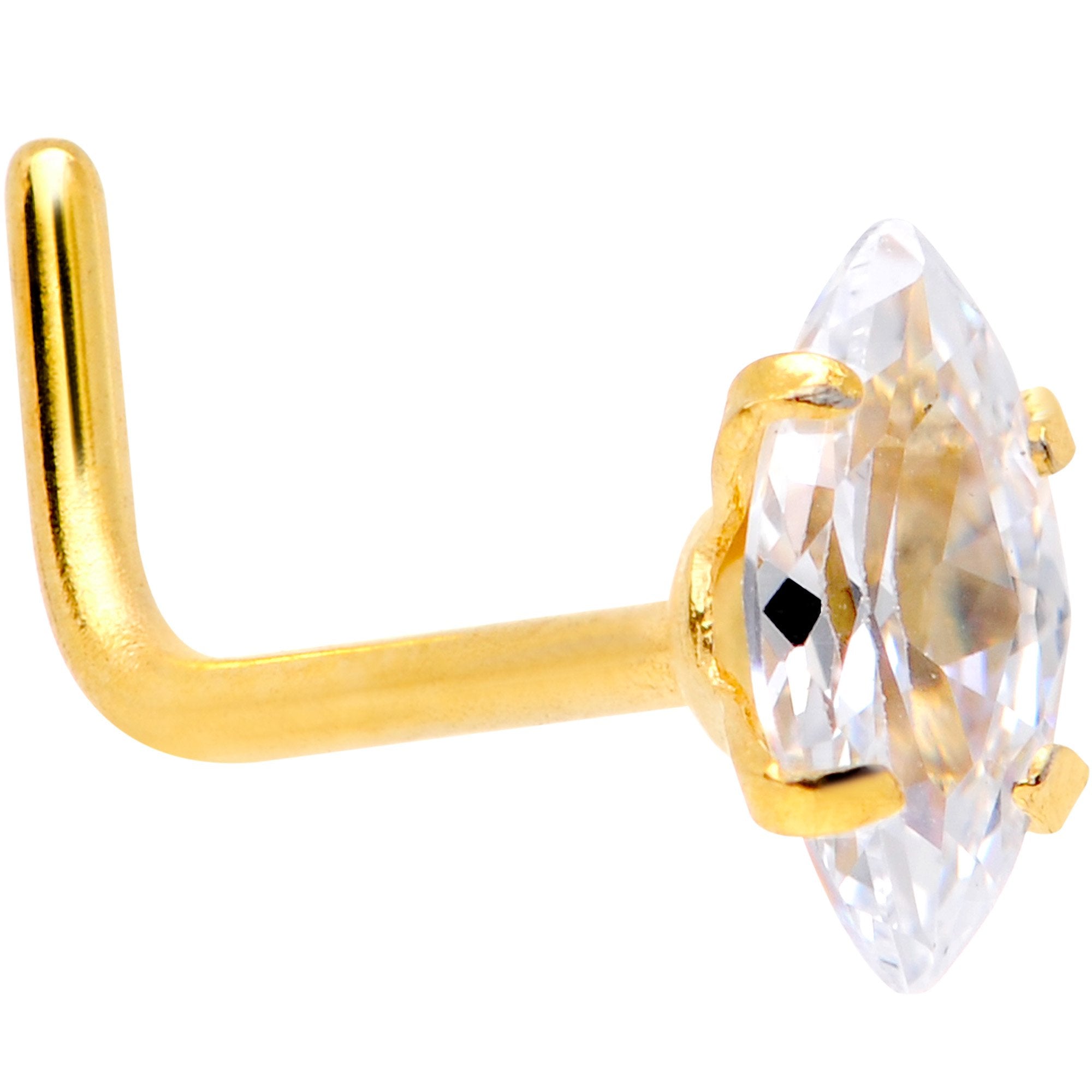 20G 1/4 Clear CZ Gem Gold IP Ellipse L Shape Nose Ring - BodyCandy - Flyclothing LLC