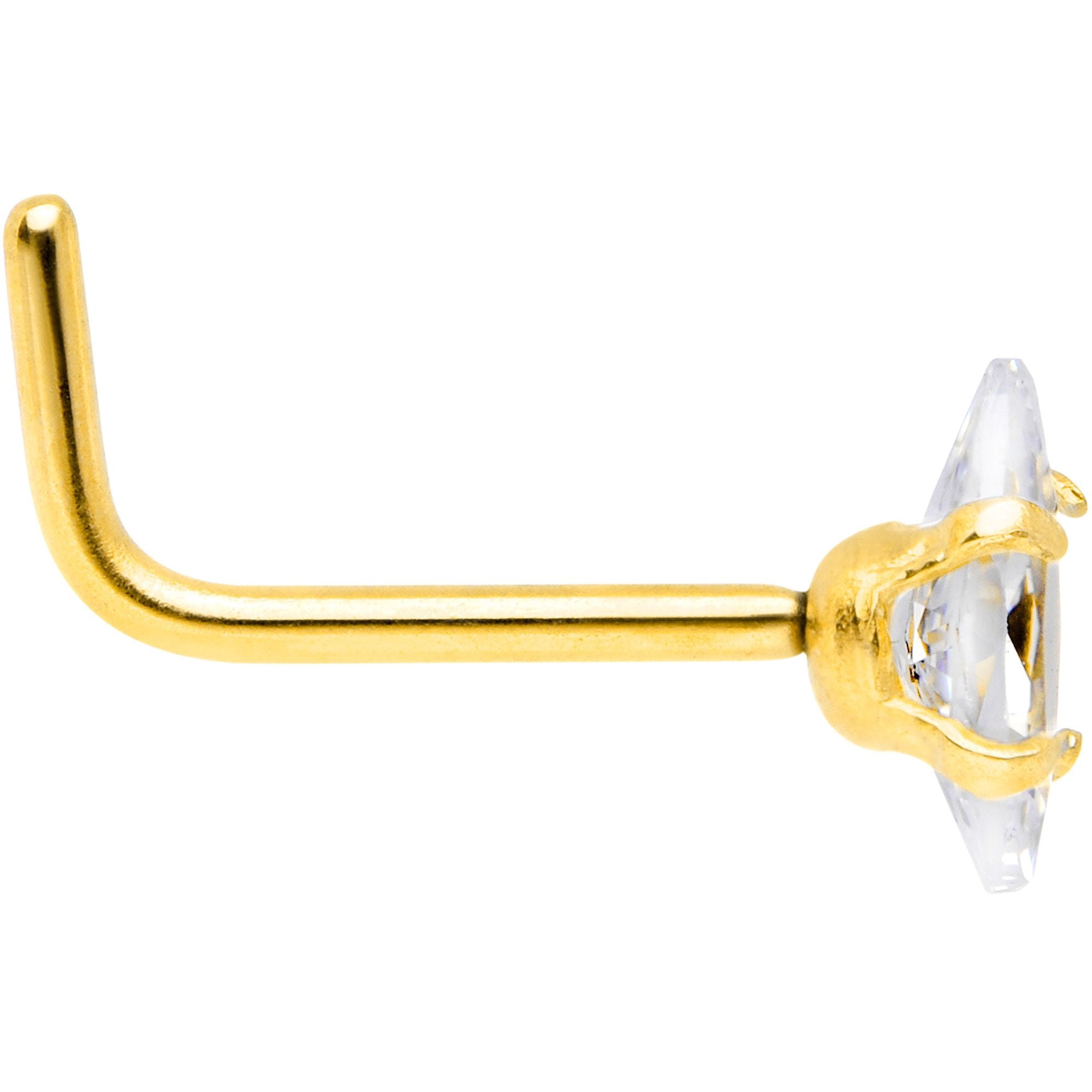 20G 1/4 Clear CZ Gem Gold IP Ellipse L Shape Nose Ring - BodyCandy - Flyclothing LLC