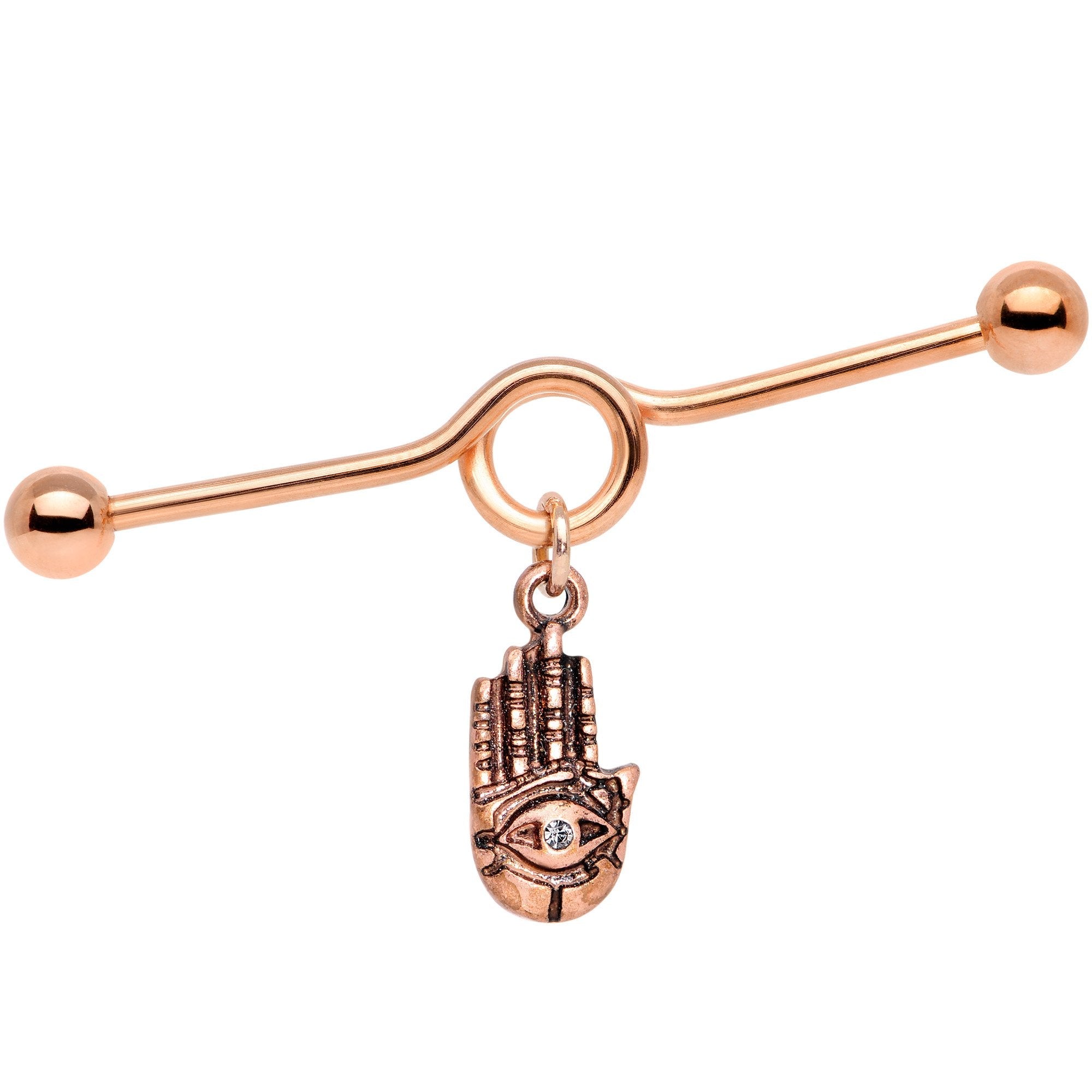 Clear Gem Rose Gold Tone Hamsa Eye Industrial Barbell 38mm - BodyCandy - Flyclothing LLC