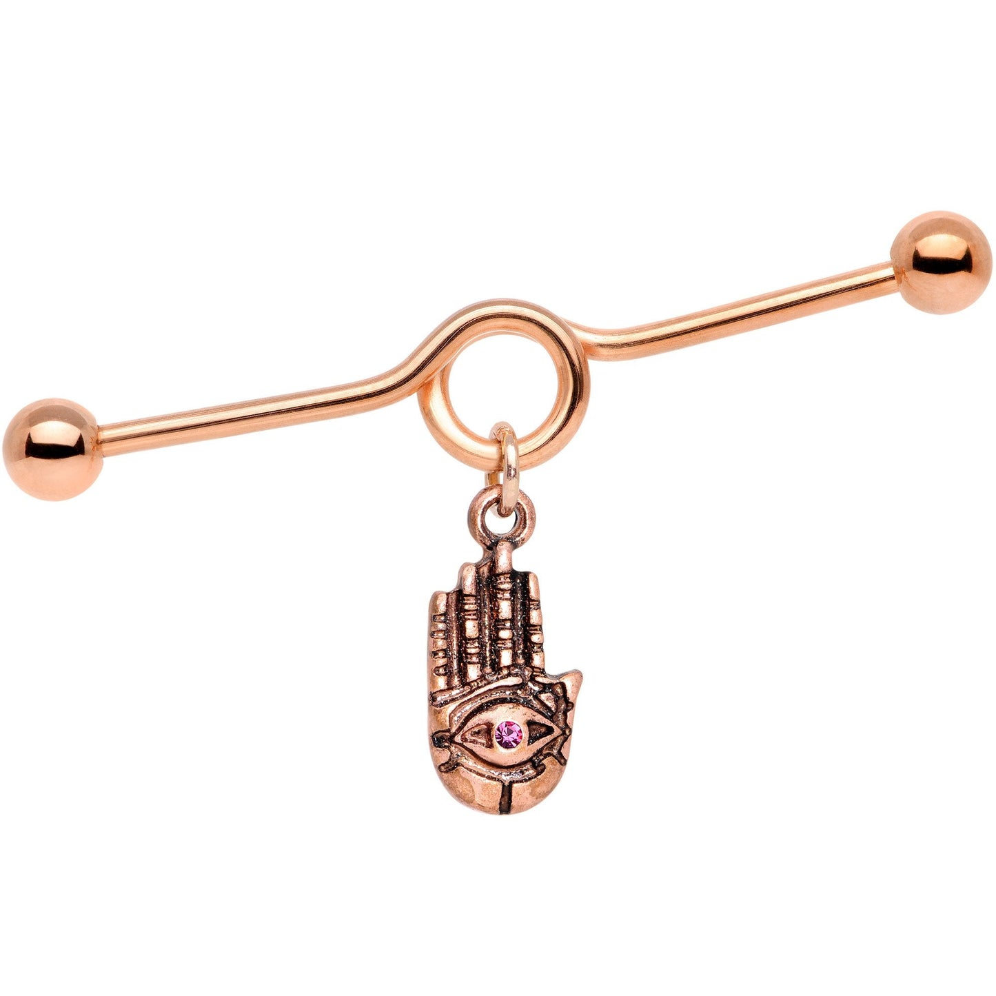 Pink Gem Rose Gold Tone Hamsa Eye Industrial Barbell 38mm - BodyCandy - Flyclothing LLC